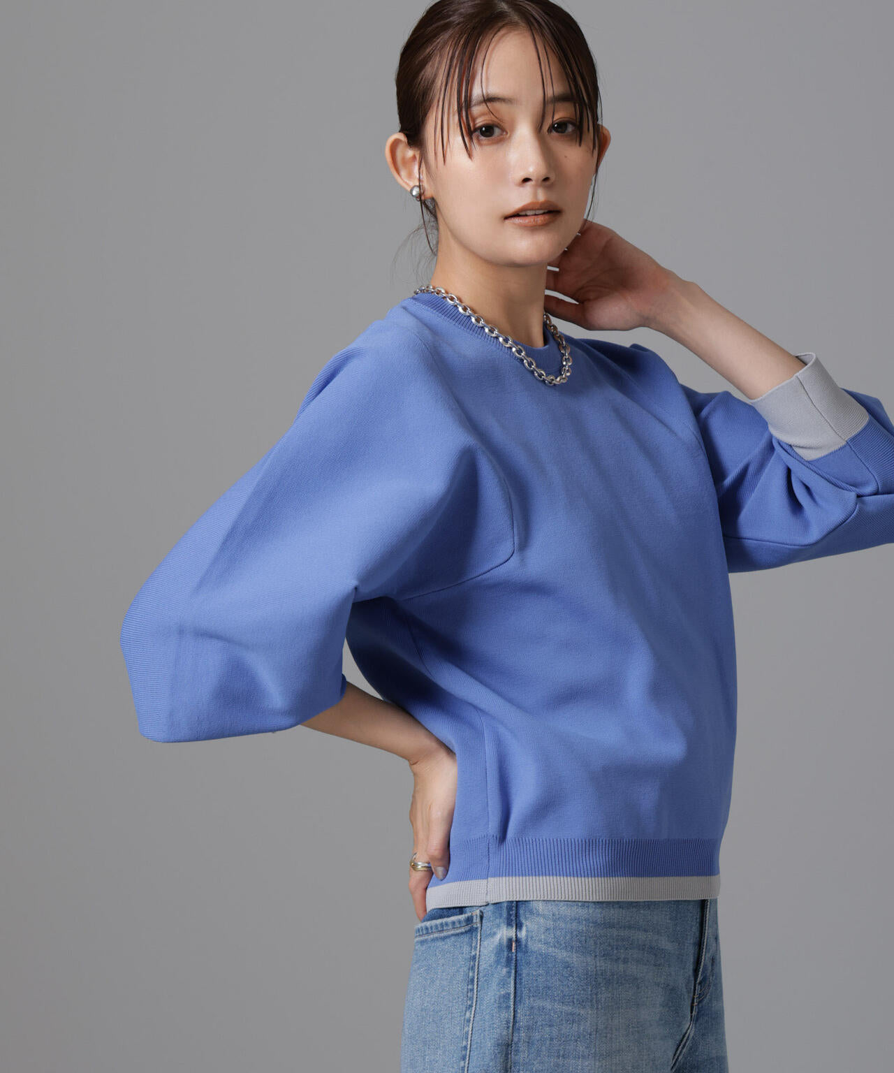 洗濯機洗い可 軽量バイカラークルーネックニット 6734222335