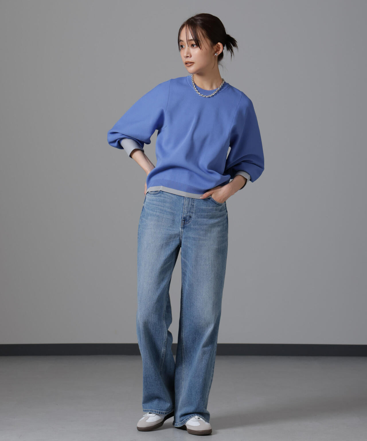 洗濯機洗い可 軽量バイカラークルーネックニット 6734222335