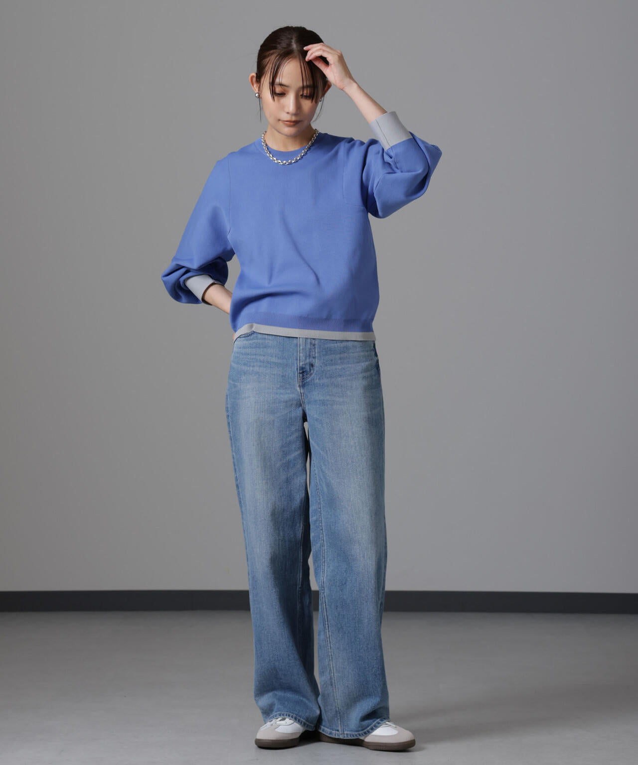 洗濯機洗い可 軽量バイカラークルーネックニット 6734222335