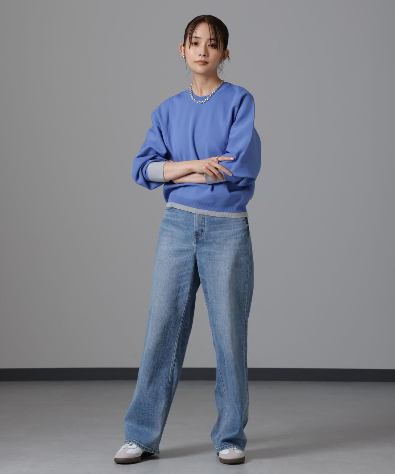 洗濯機洗い可 軽量バイカラークルーネックニット 6734222335