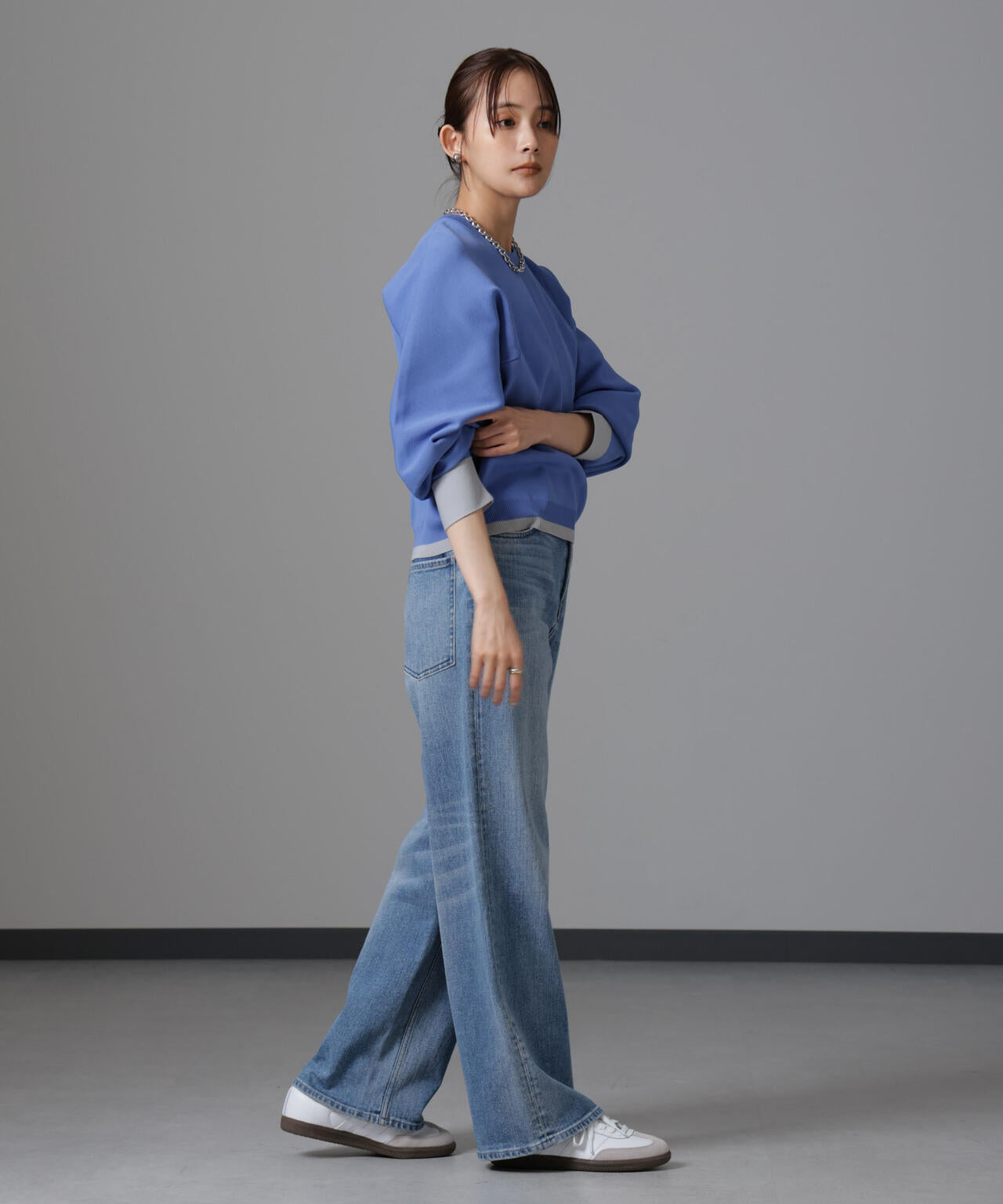 洗濯機洗い可 軽量バイカラークルーネックニット 6734222335