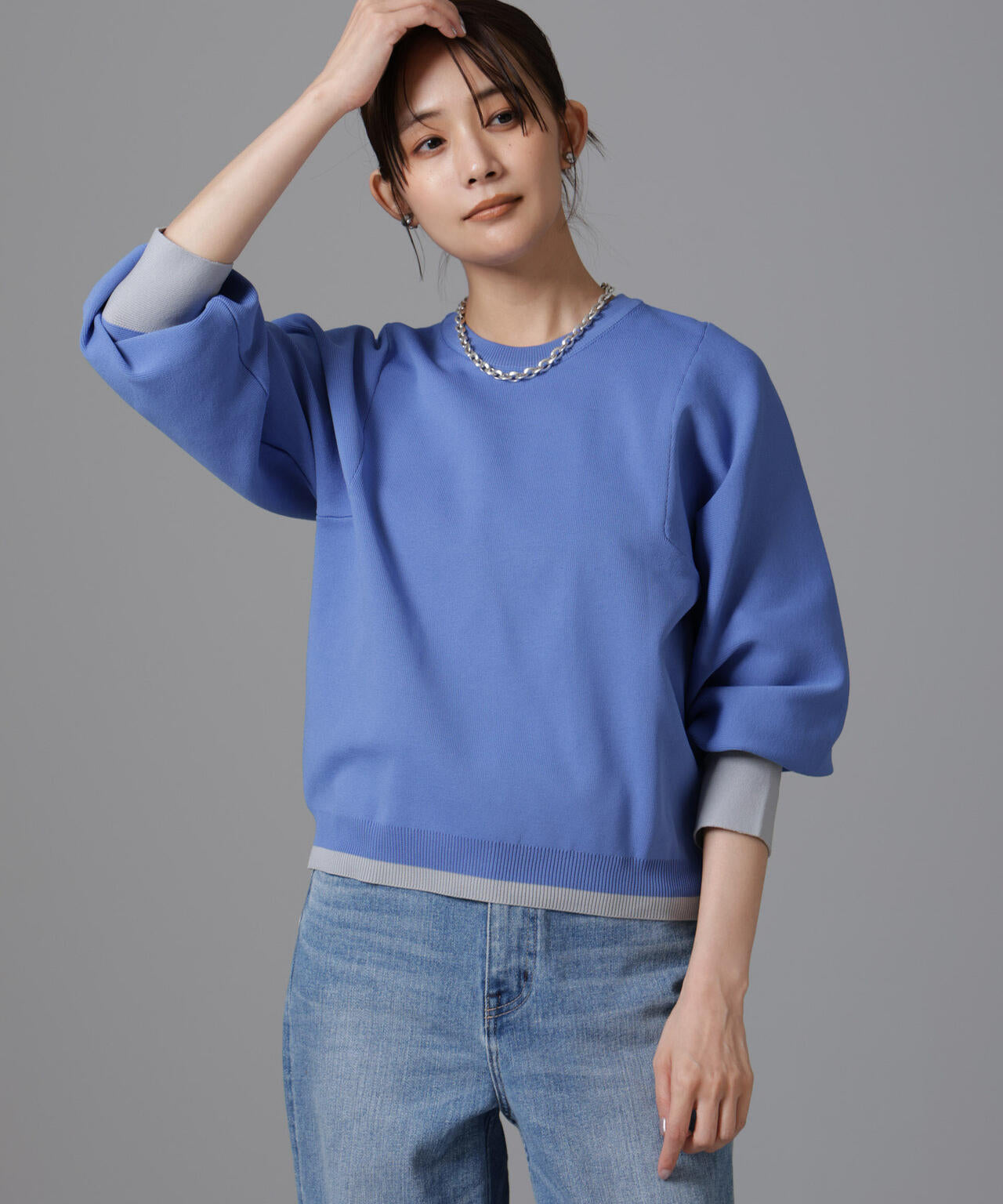 洗濯機洗い可 軽量バイカラークルーネックニット 6734222335