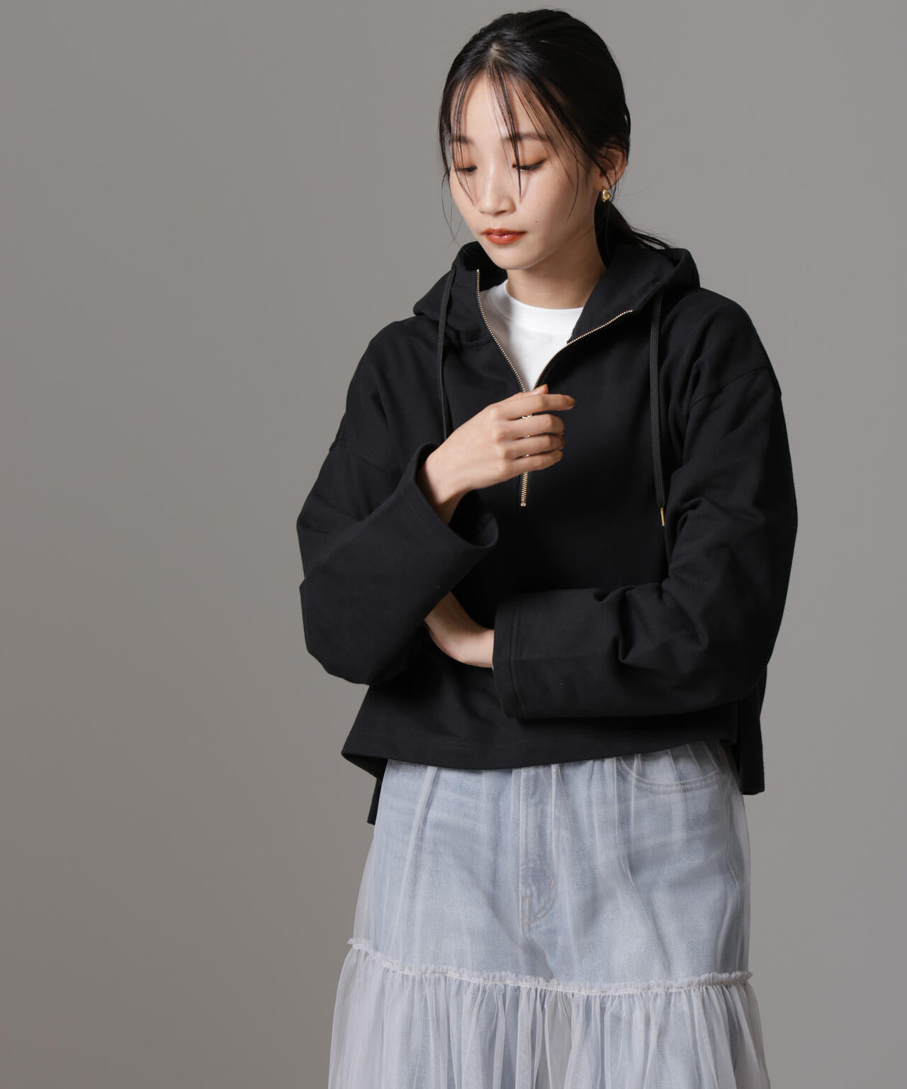 ハーフジップフードスウェットトップス(セットアップ可) 6734223310