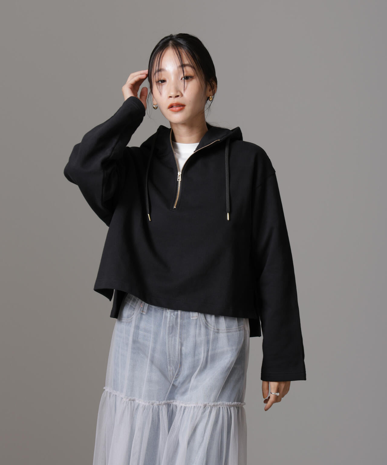 ハーフジップフードスウェットトップス(セットアップ可) 6734223310