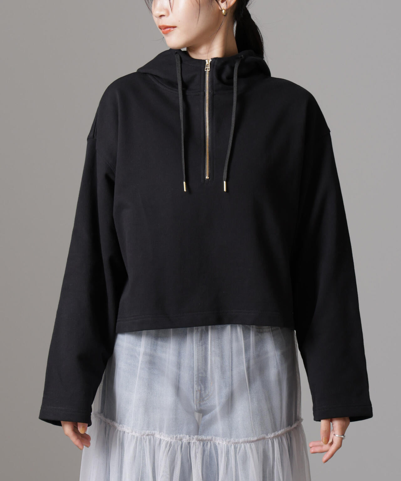 ハーフジップフードスウェットトップス(セットアップ可) 6734223310