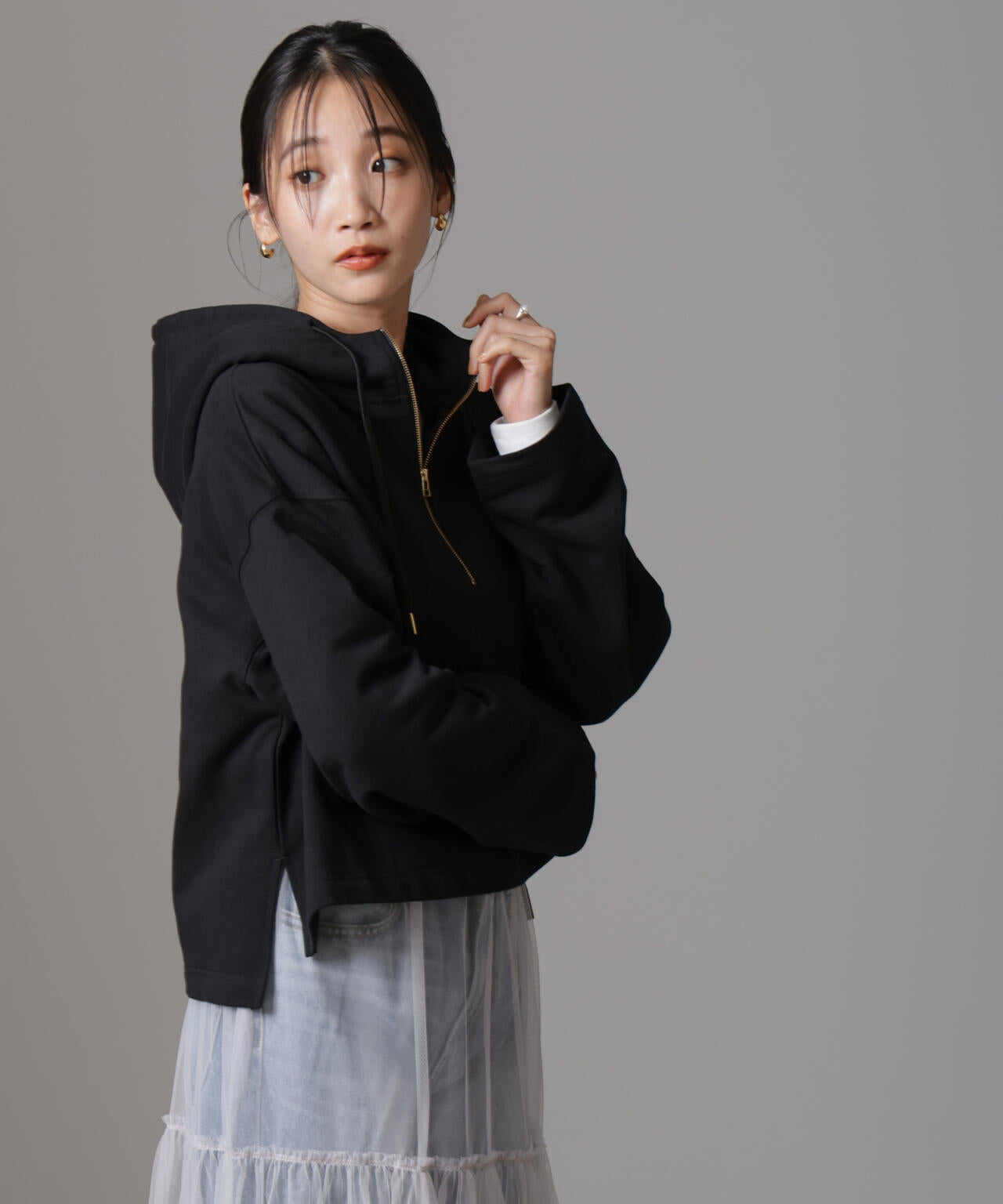 ハーフジップフードスウェットトップス(セットアップ可) 6734223310