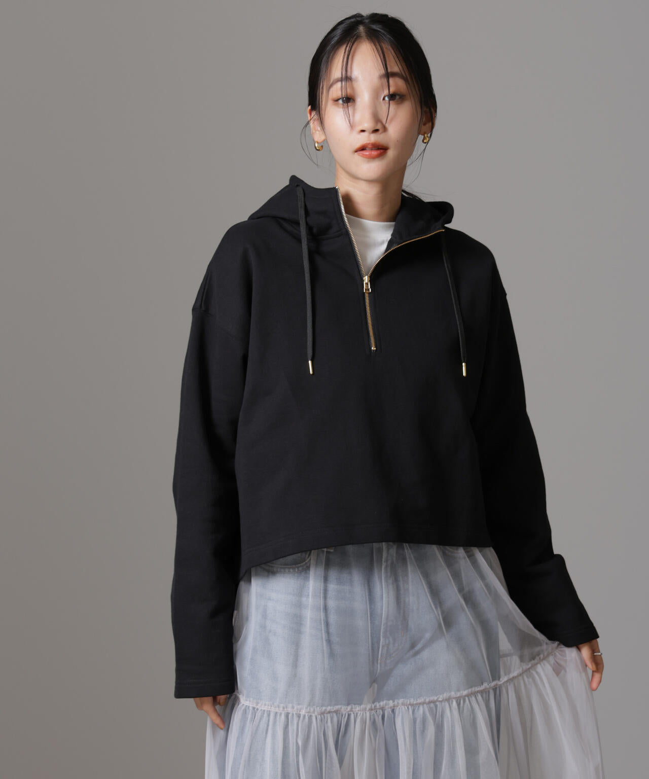 ハーフジップフードスウェットトップス(セットアップ可) 6734223310