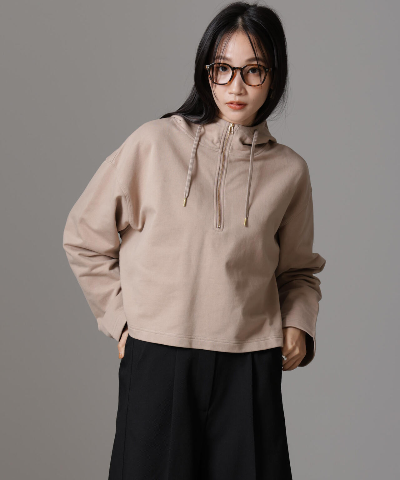 ハーフジップフードスウェットトップス(セットアップ可) 6734223310