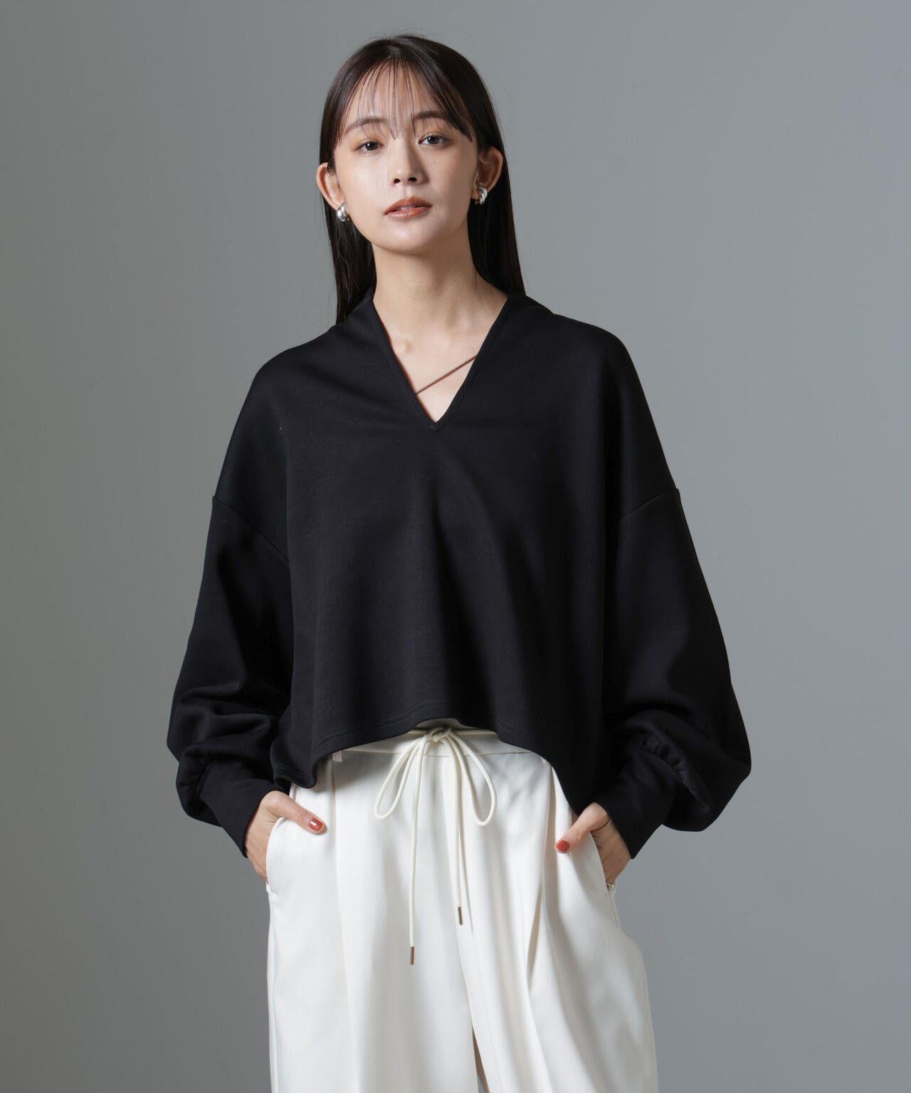 裏起毛ダンボールカットキーネックトップス(セットアップ可) 6734223325
