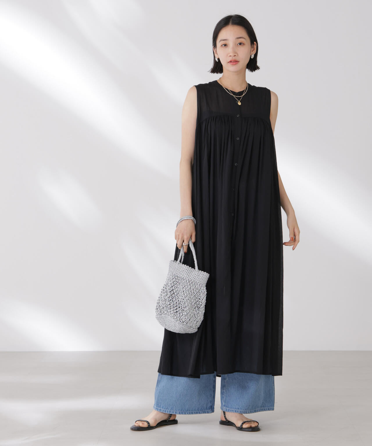 ギャザー切り替えノースリーブシアーワンピース 6735119342