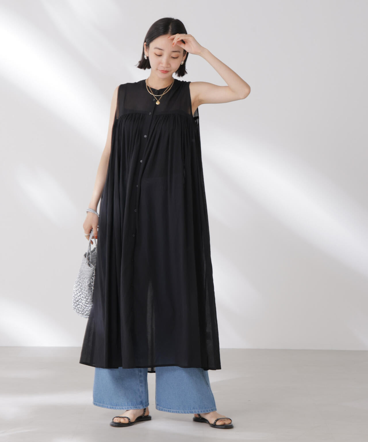 ギャザー切り替えノースリーブシアーワンピース 6735119342