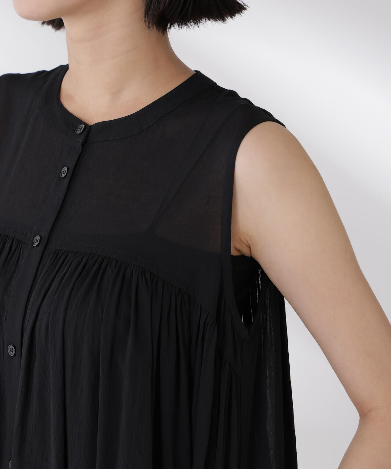 ギャザー切り替えノースリーブシアーワンピース 6735119342