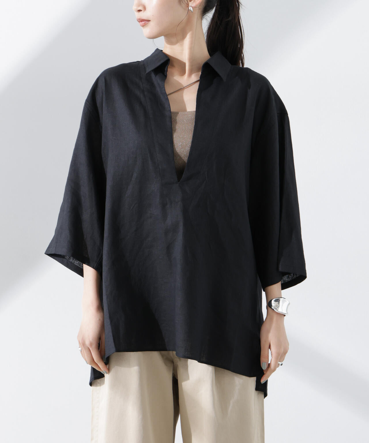 Anti Smell Linen プルオーバーVネックシャツ 6735121301