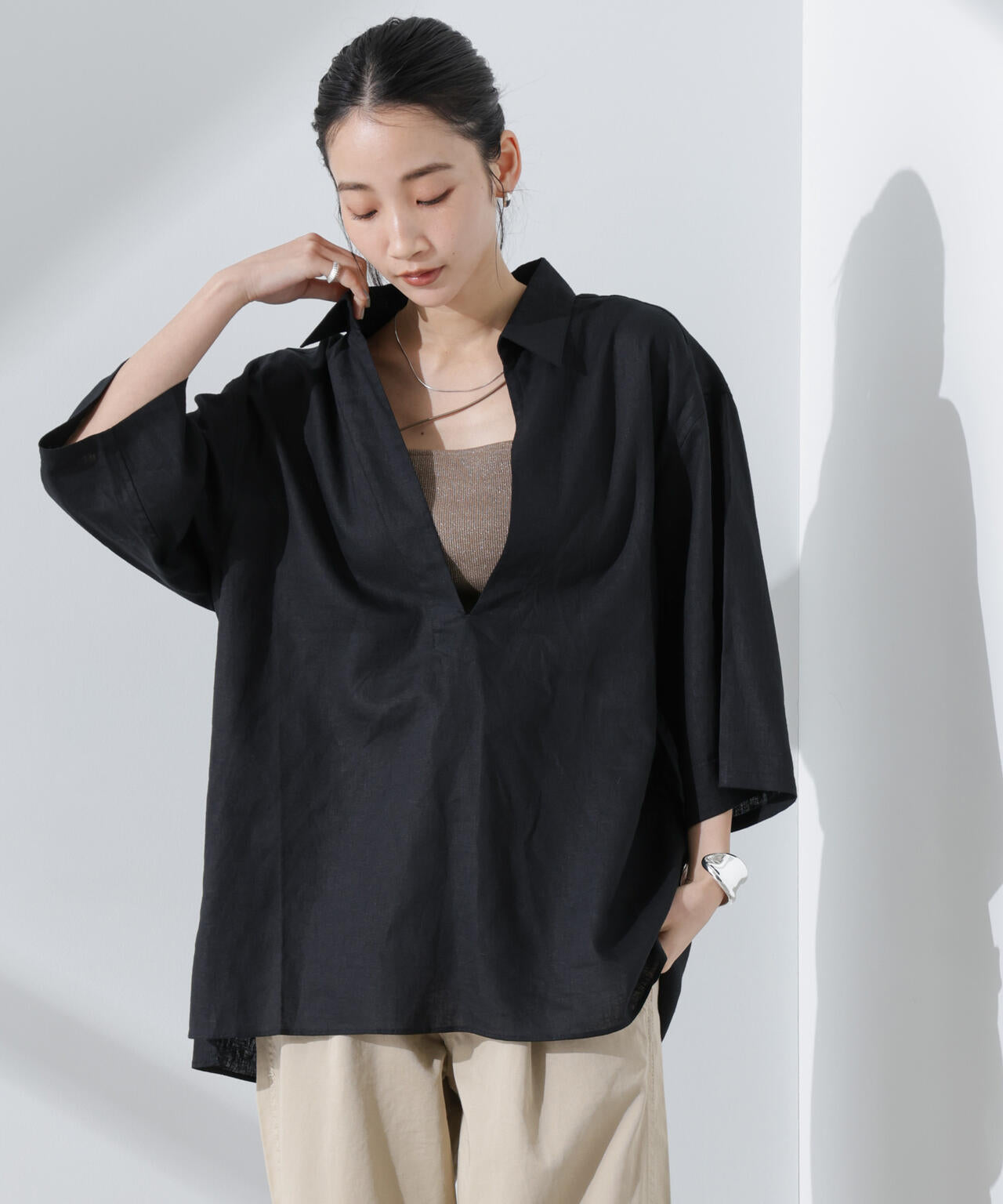 Anti Smell Linen プルオーバーVネックシャツ 6735121301