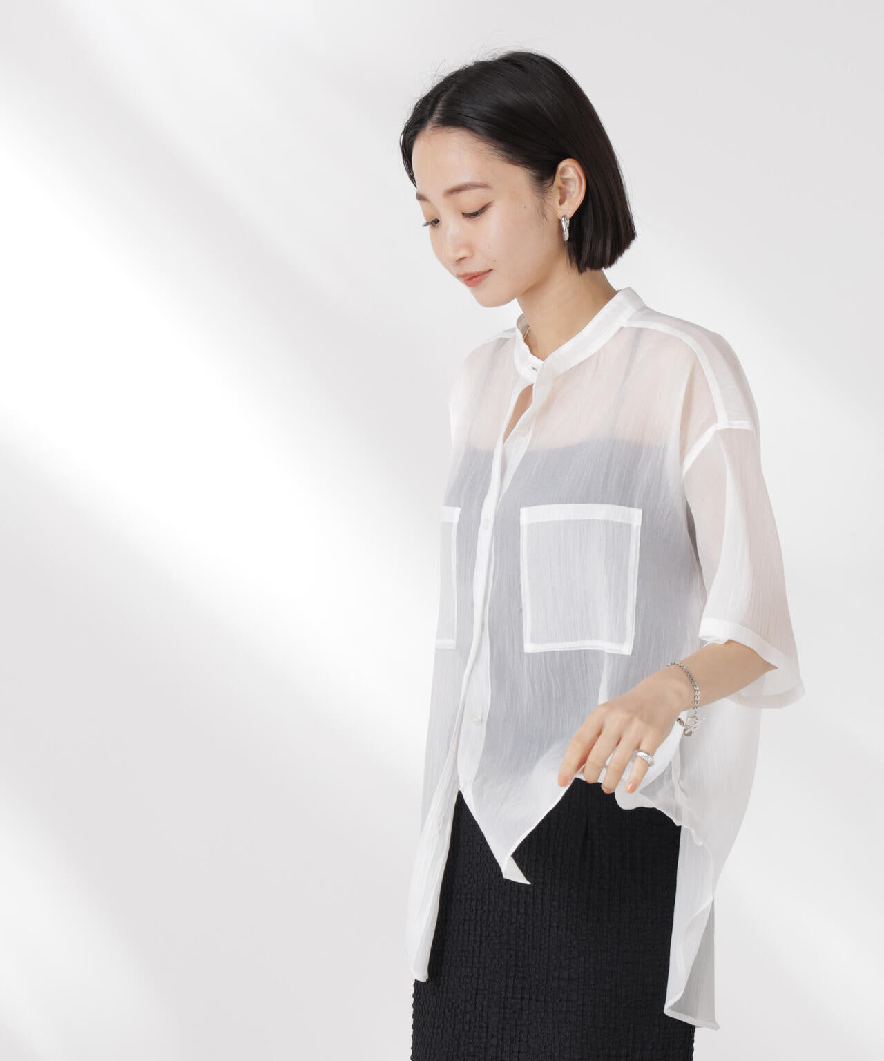 バンドカラーシアー半袖シャツ 6735121321