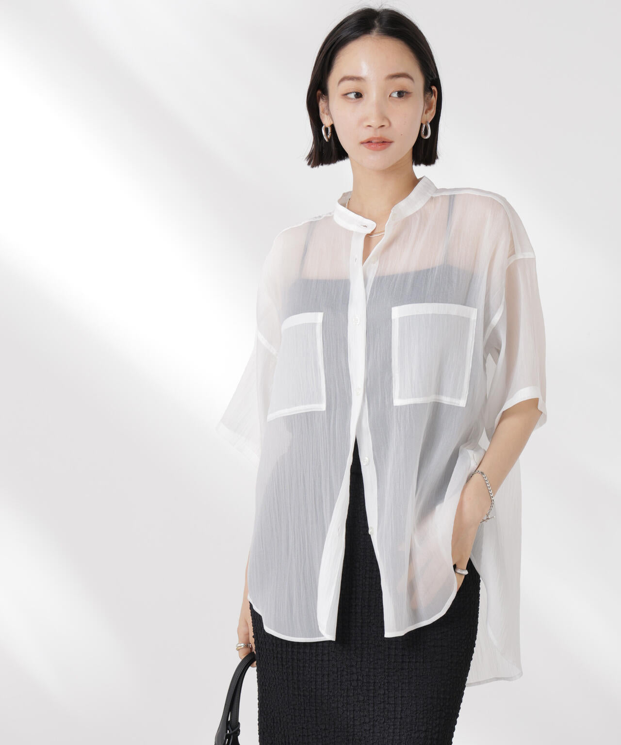 バンドカラーシアー半袖シャツ 6735121321