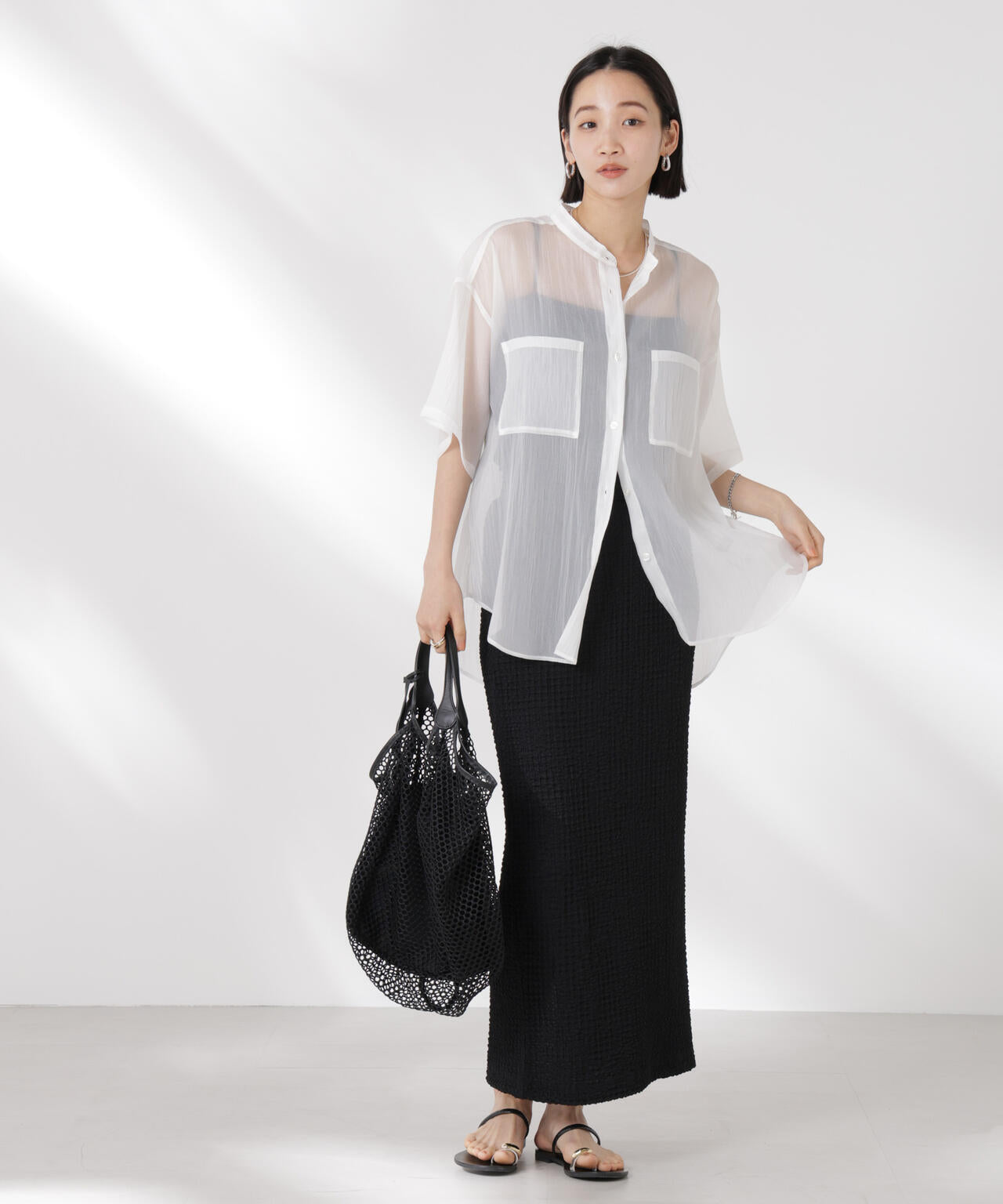 バンドカラーシアー半袖シャツ 6735121321