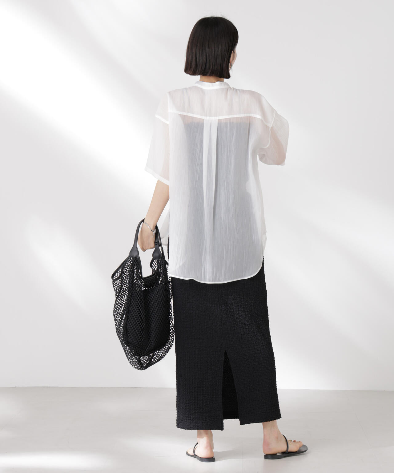 バンドカラーシアー半袖シャツ 6735121321