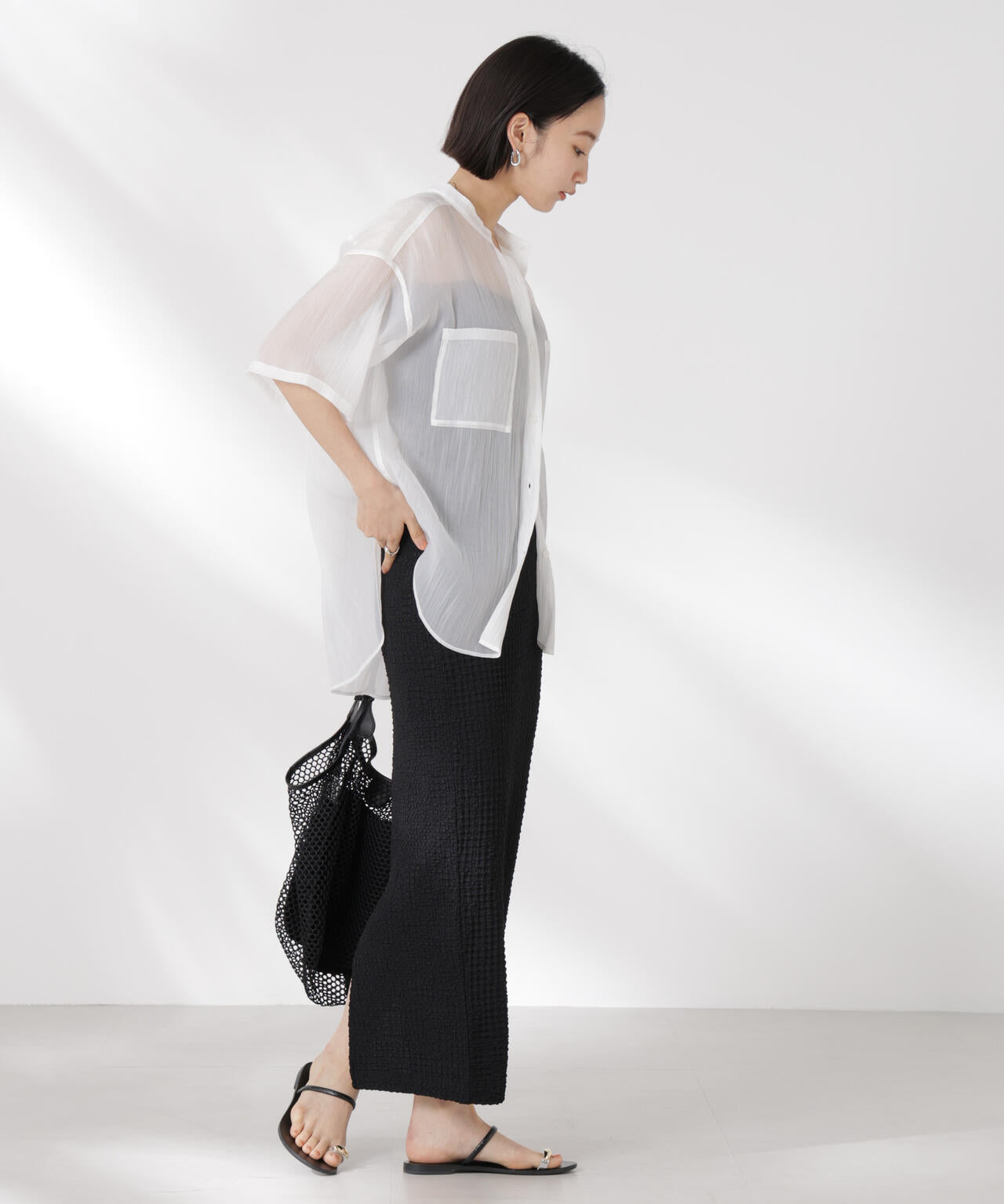 バンドカラーシアー半袖シャツ 6735121321