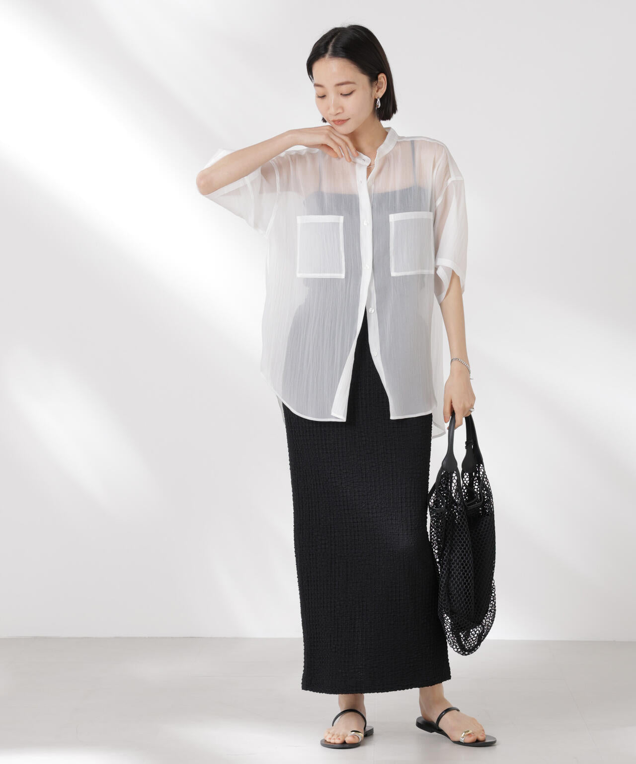 バンドカラーシアー半袖シャツ 6735121321