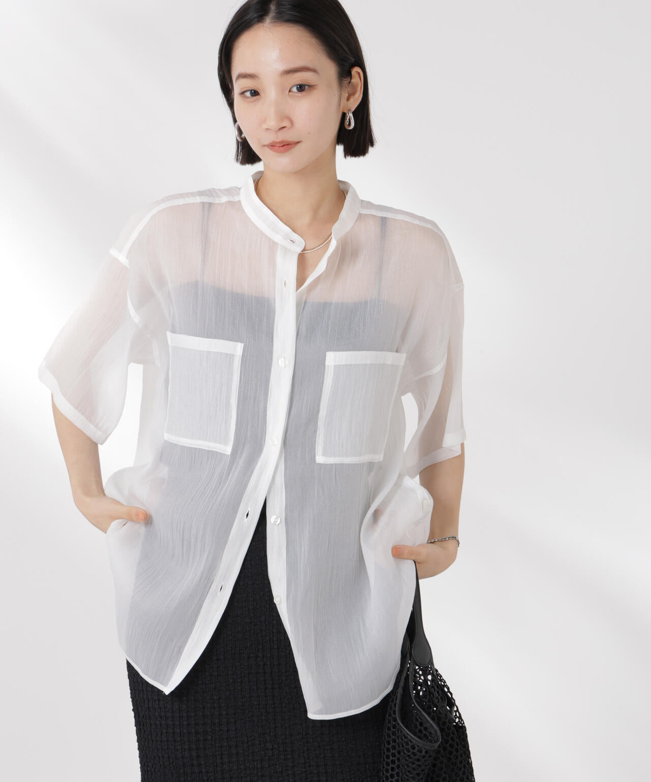 バンドカラーシアー半袖シャツ 6735121321