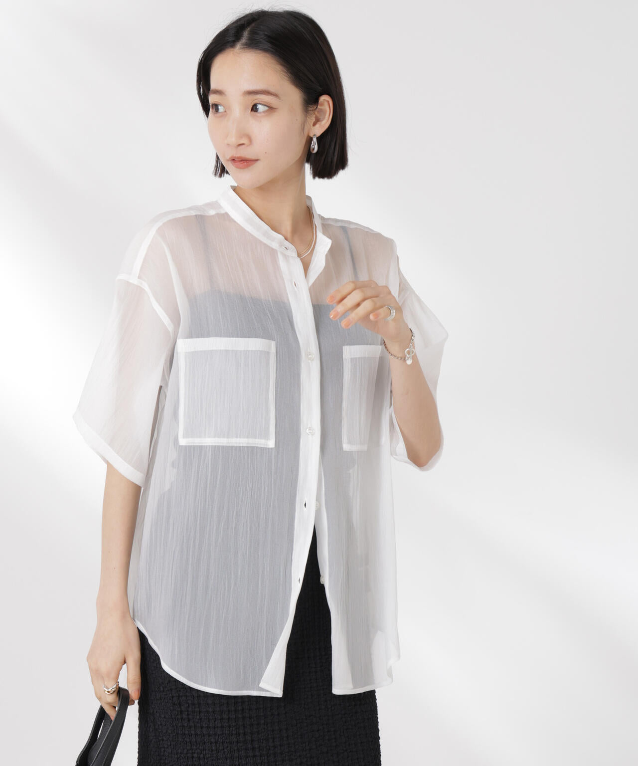 バンドカラーシアー半袖シャツ 6735121321