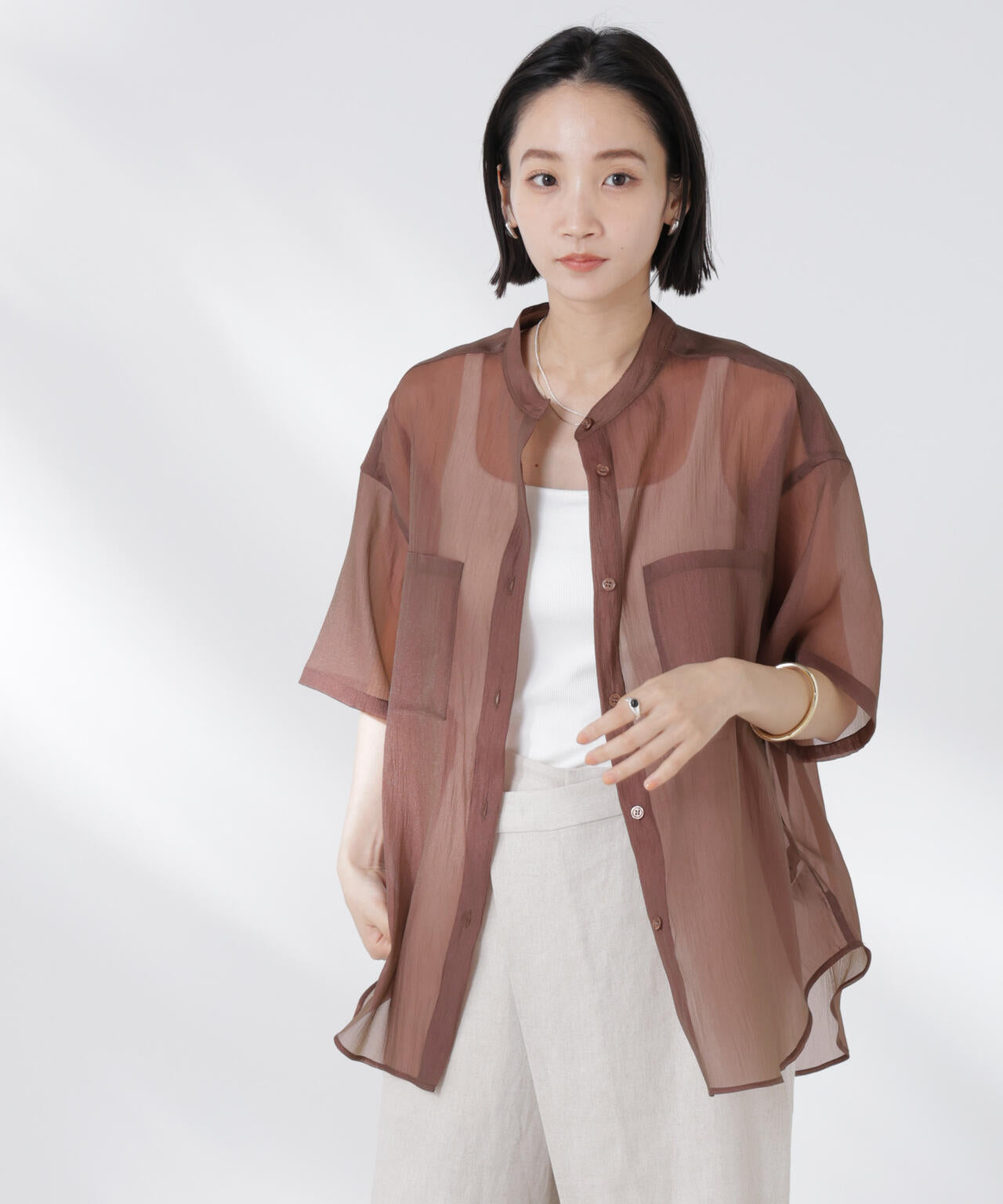 バンドカラーシアー半袖シャツ 6735121321