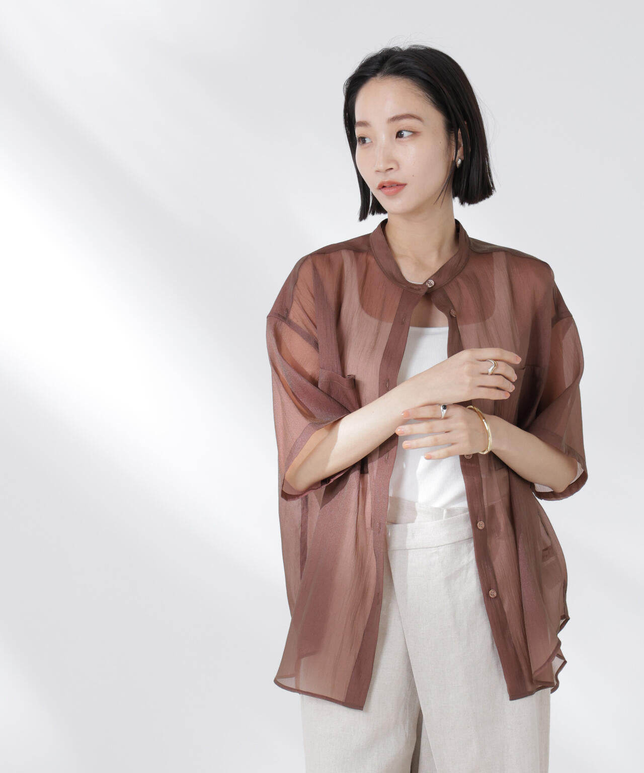 バンドカラーシアー半袖シャツ 6735121321