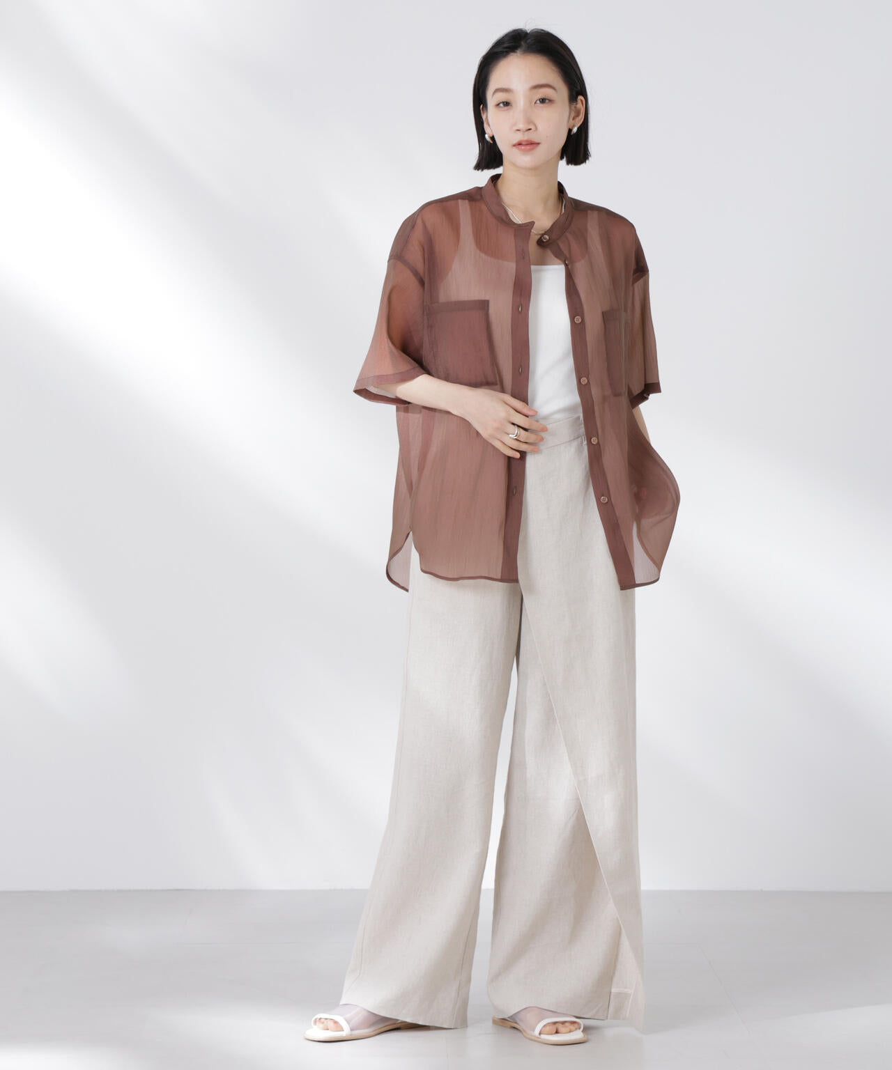 バンドカラーシアー半袖シャツ 6735121321