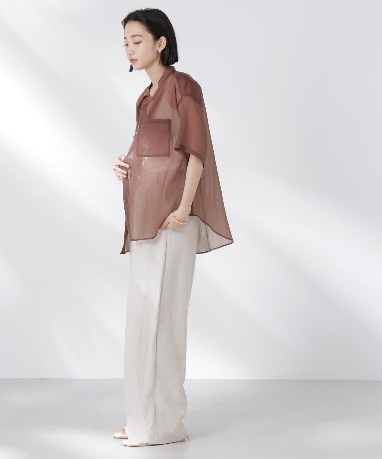 バンドカラーシアー半袖シャツ 6735121321