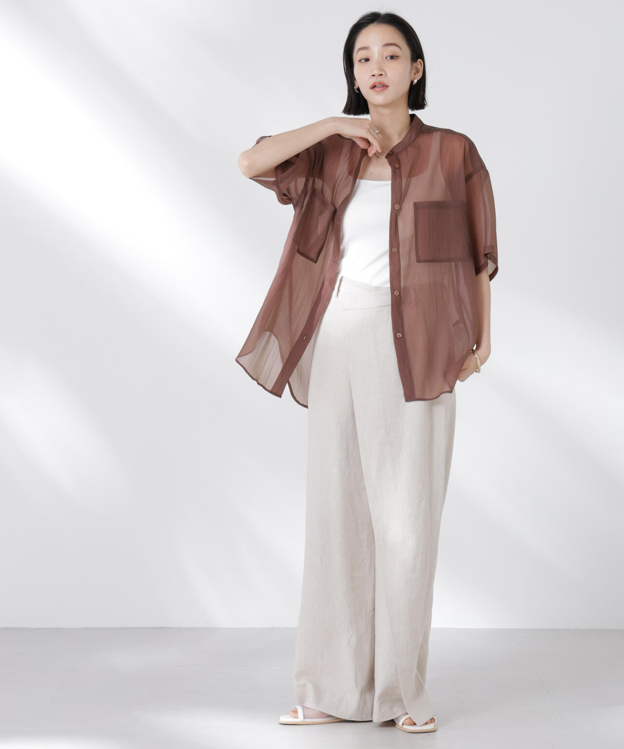 バンドカラーシアー半袖シャツ 6735121321