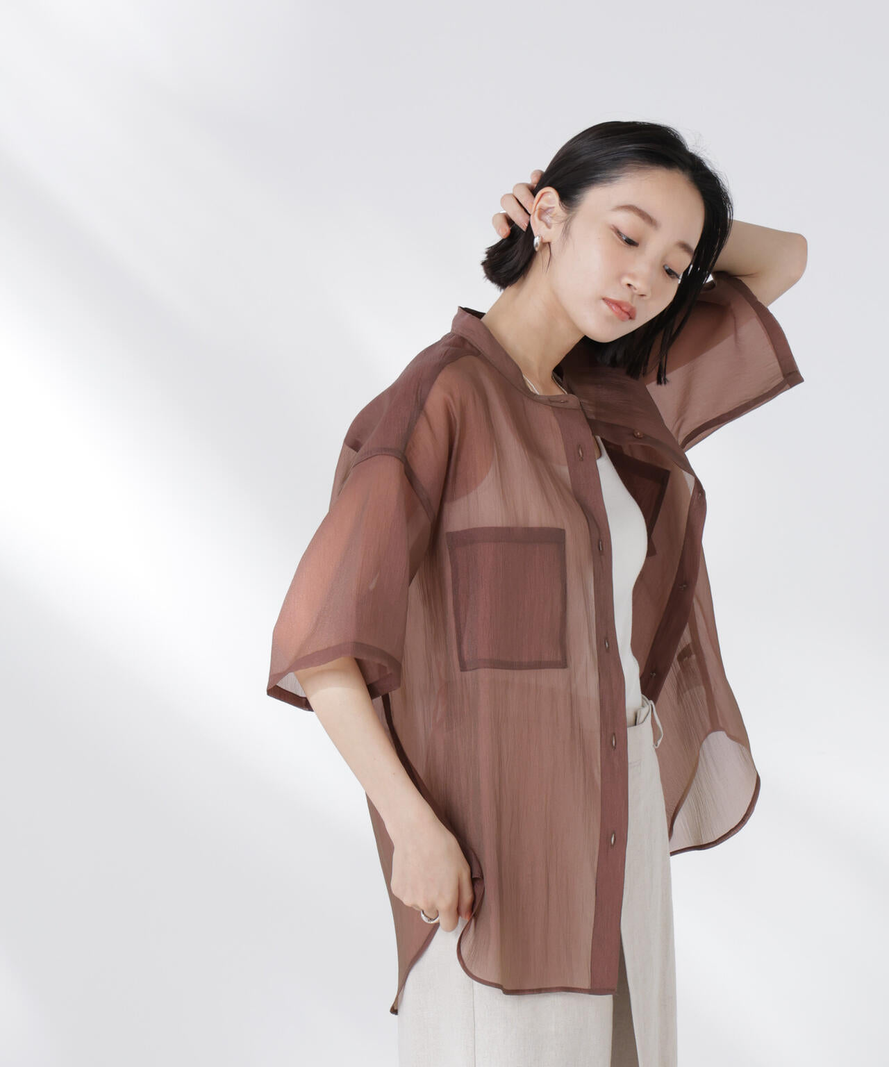 バンドカラーシアー半袖シャツ 6735121321