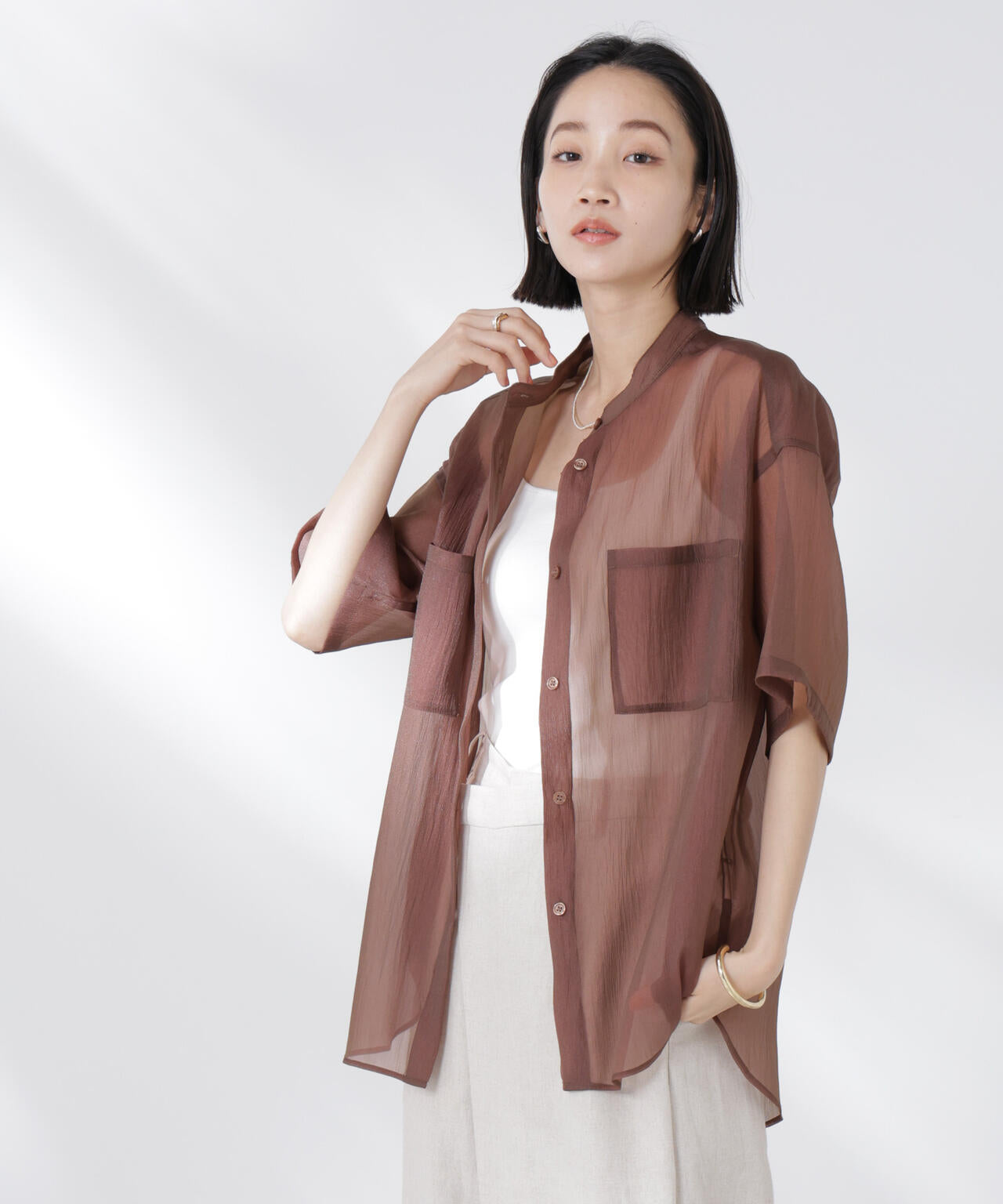 バンドカラーシアー半袖シャツ 6735121321