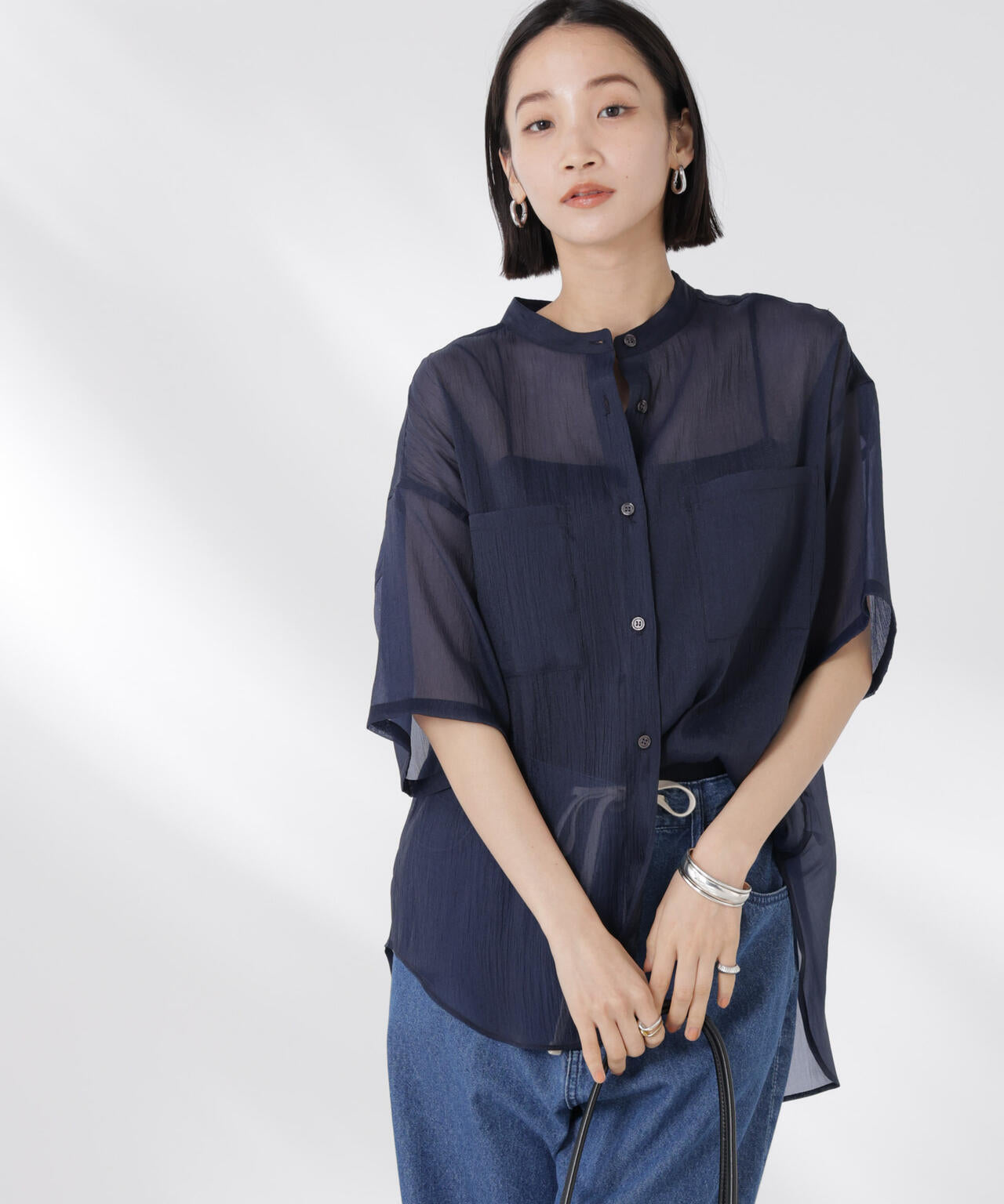 バンドカラーシアー半袖シャツ 6735121321