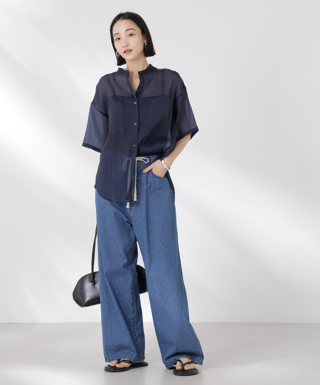 バンドカラーシアー半袖シャツ 6735121321