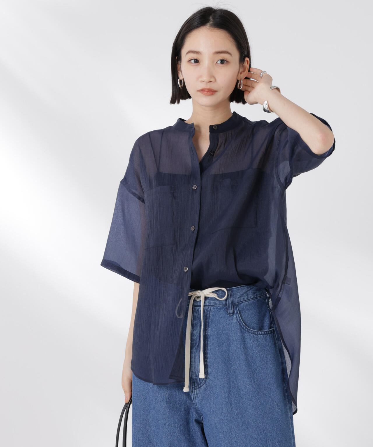 バンドカラーシアー半袖シャツ 6735121321