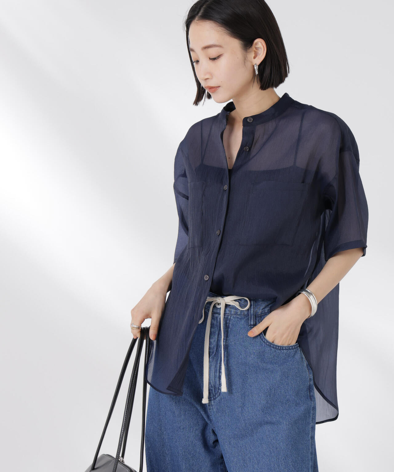 バンドカラーシアー半袖シャツ 6735121321