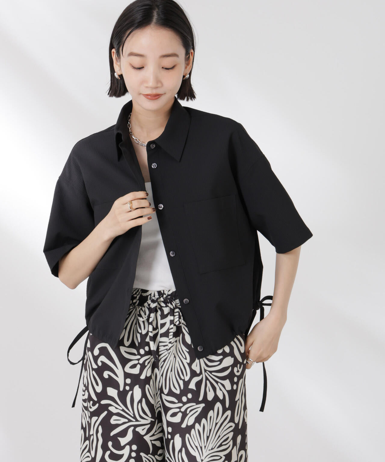 ドロストリボンヘムクロップドサッカーシャツ(セットアップ可) 6735121322