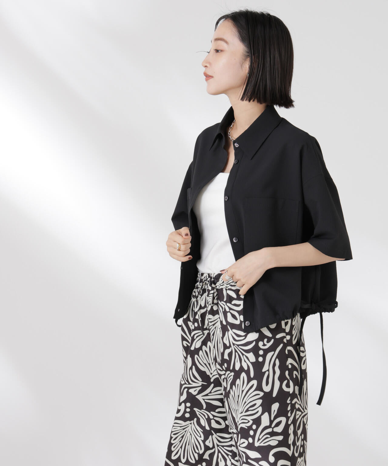 ドロストリボンヘムクロップドサッカーシャツ(セットアップ可) 6735121322