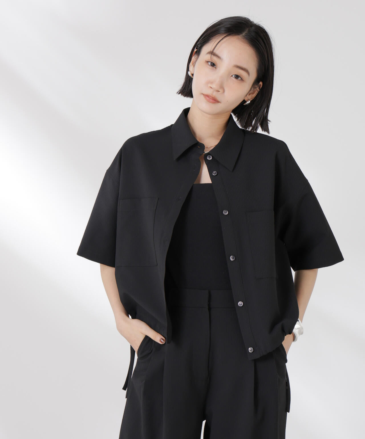 ドロストリボンヘムクロップドサッカーシャツ(セットアップ可) 6735121322