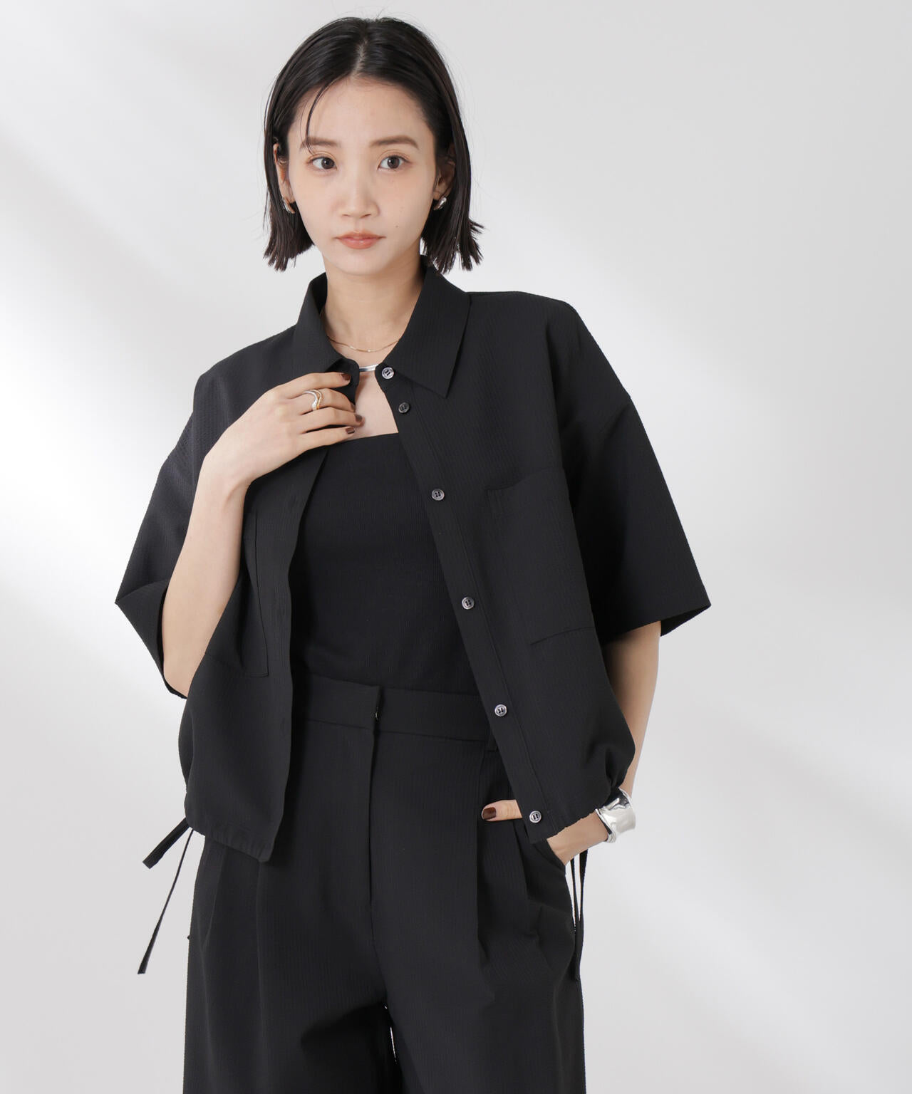 ドロストリボンヘムクロップドサッカーシャツ(セットアップ可) 6735121322