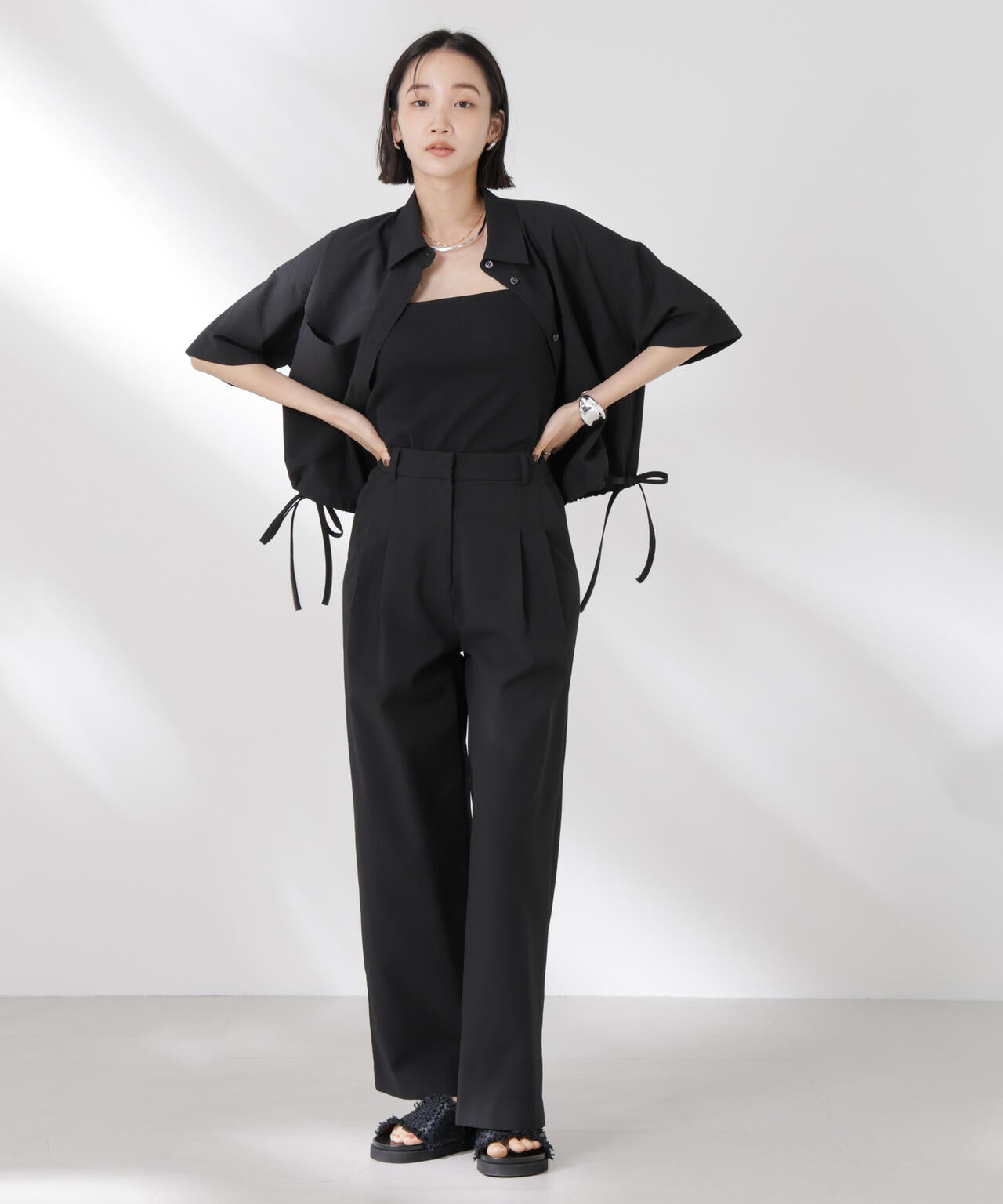 ドロストリボンヘムクロップドサッカーシャツ(セットアップ可) 6735121322