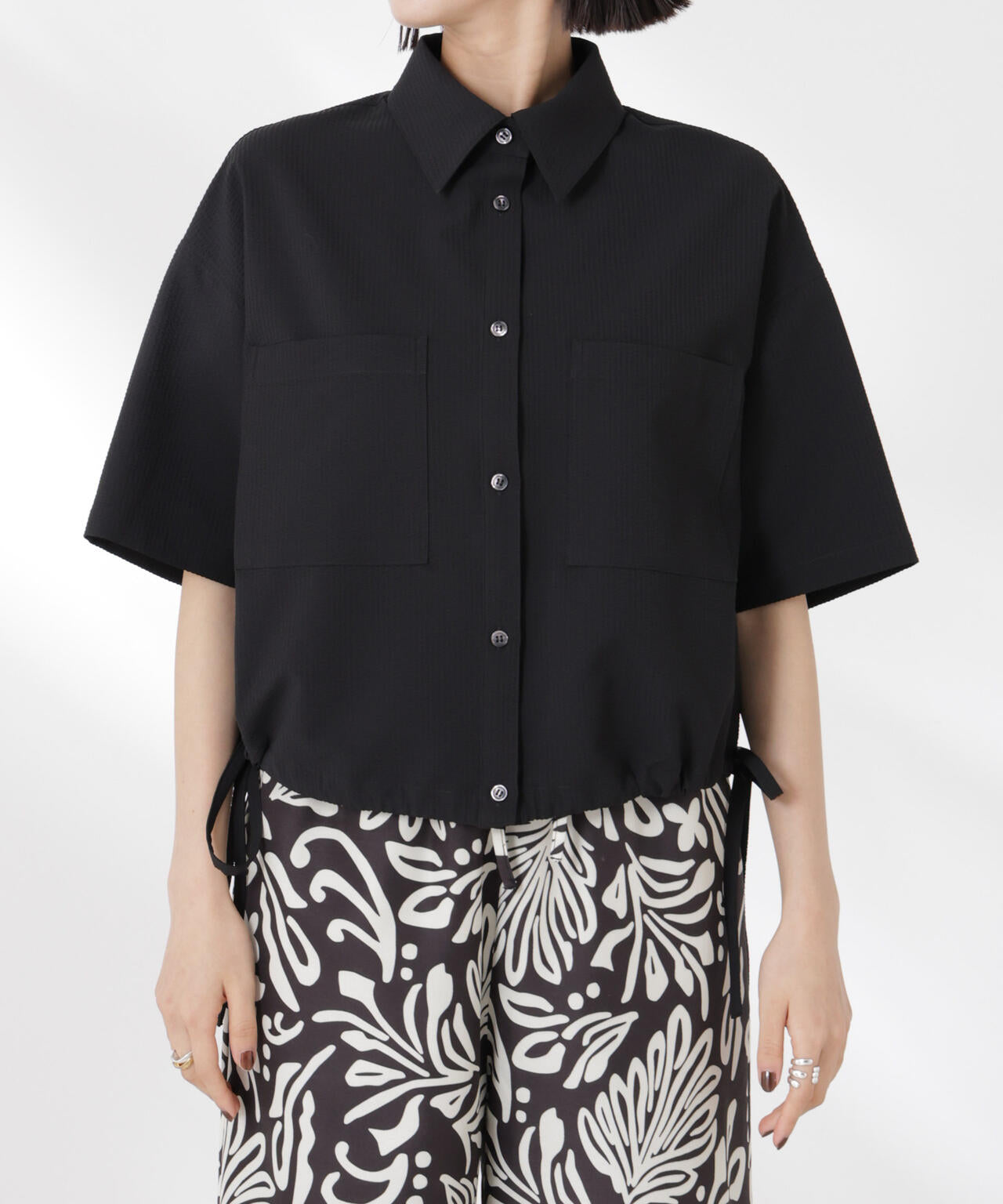 ドロストリボンヘムクロップドサッカーシャツ(セットアップ可) 6735121322