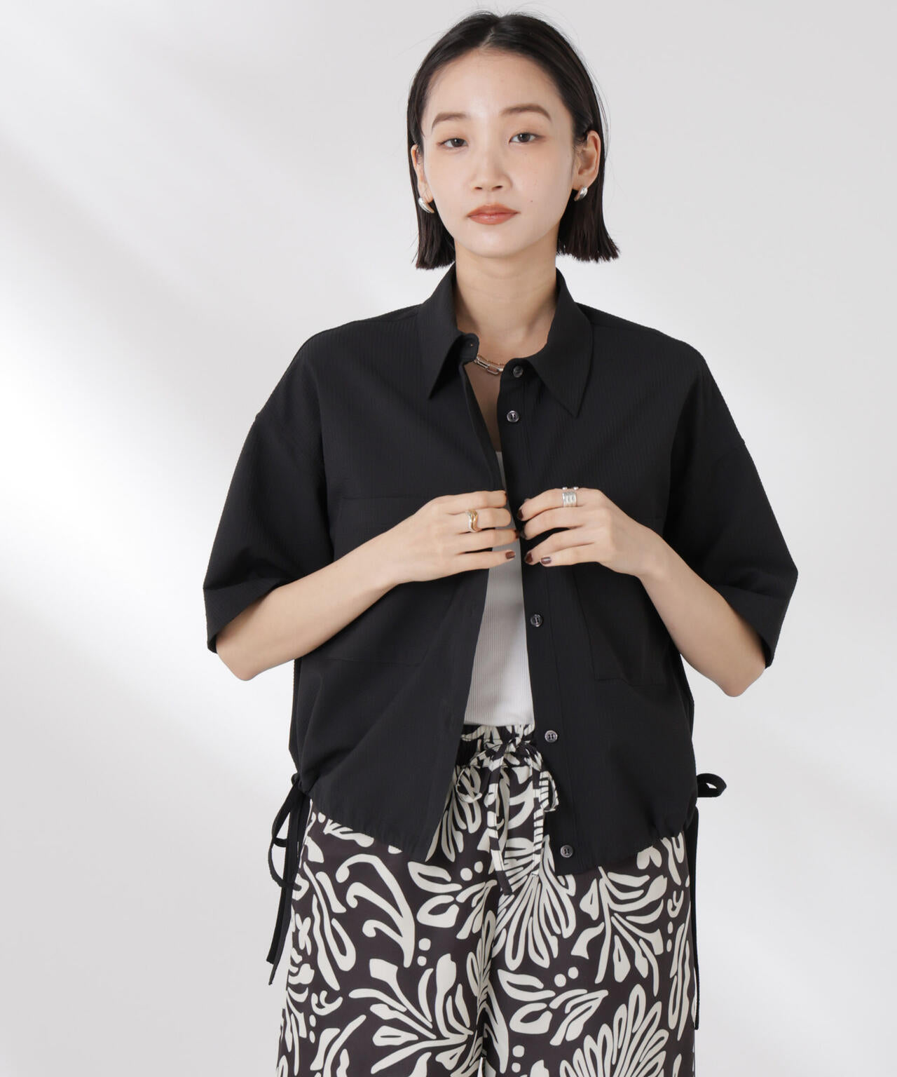 ドロストリボンヘムクロップドサッカーシャツ(セットアップ可) 6735121322