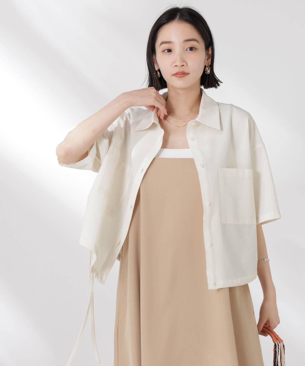 ドロストリボンヘムクロップドサッカーシャツ(セットアップ可) 6735121322