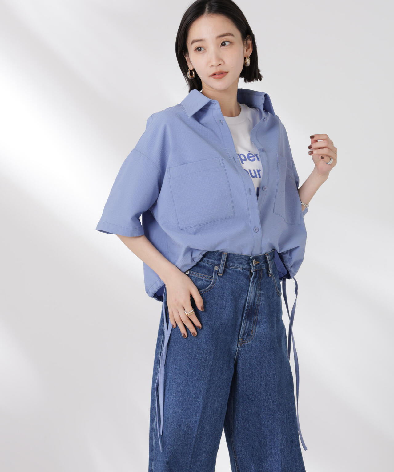 ドロストリボンヘムクロップドサッカーシャツ(セットアップ可) 6735121322