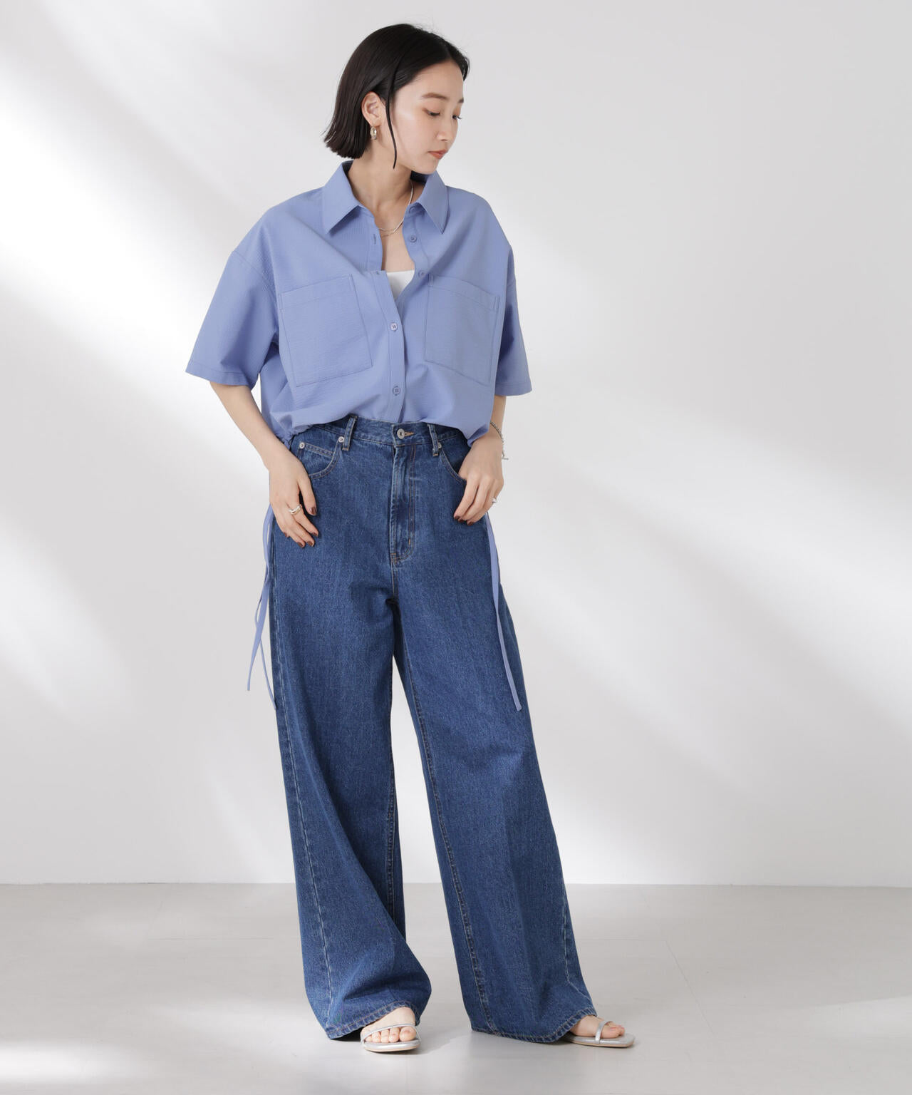 ドロストリボンヘムクロップドサッカーシャツ(セットアップ可) 6735121322