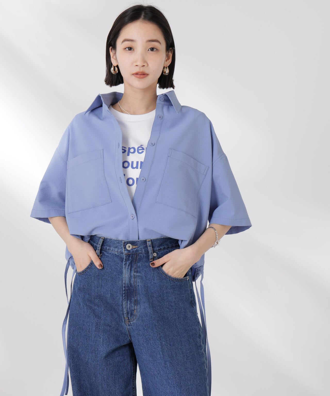 ドロストリボンヘムクロップドサッカーシャツ(セットアップ可) 6735121322