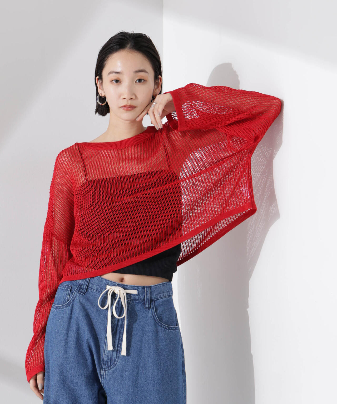 クロップドメッシュニットトップス 6735122330