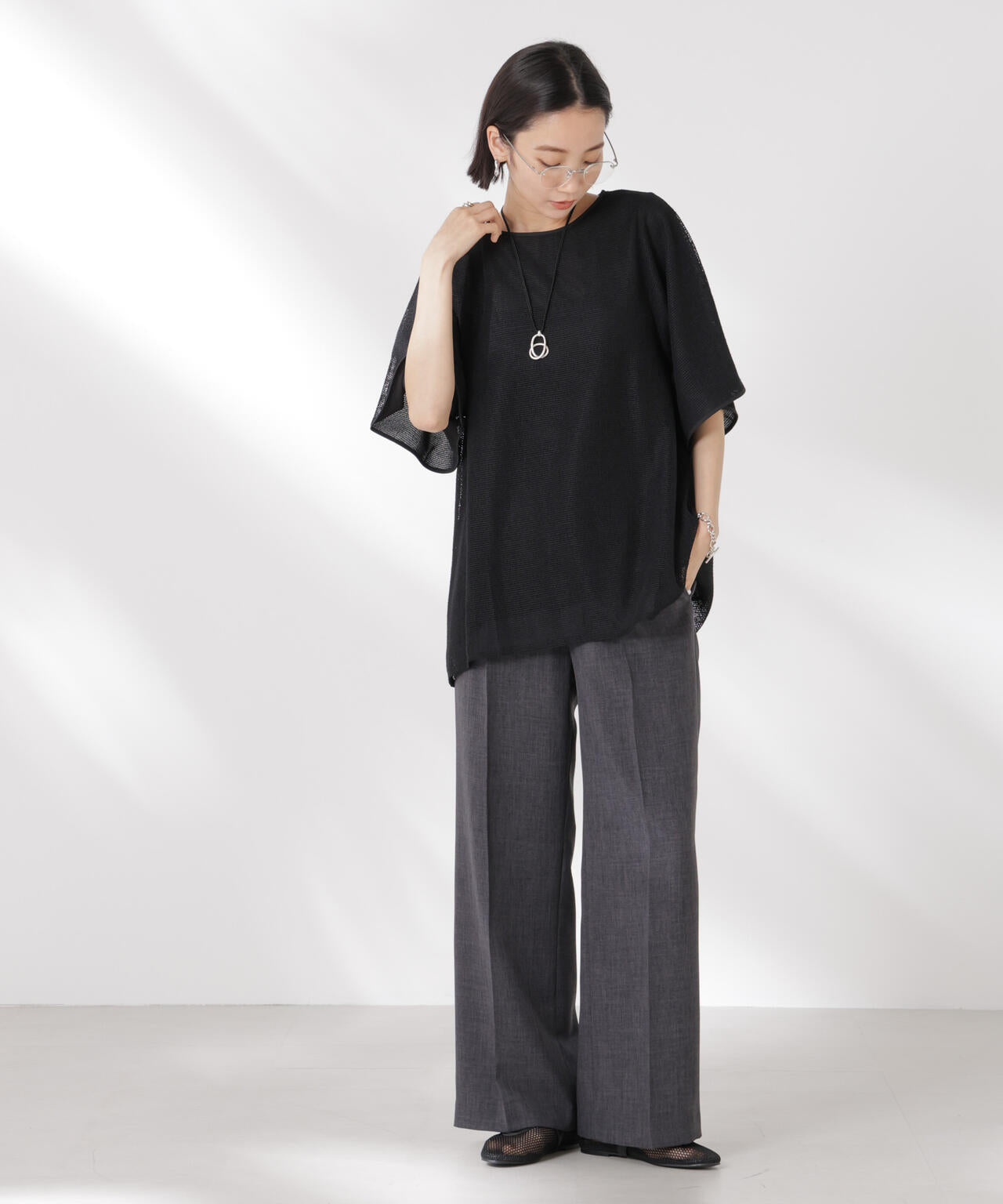メッシュ×シフォンコンビチュニックトップス 6735124323